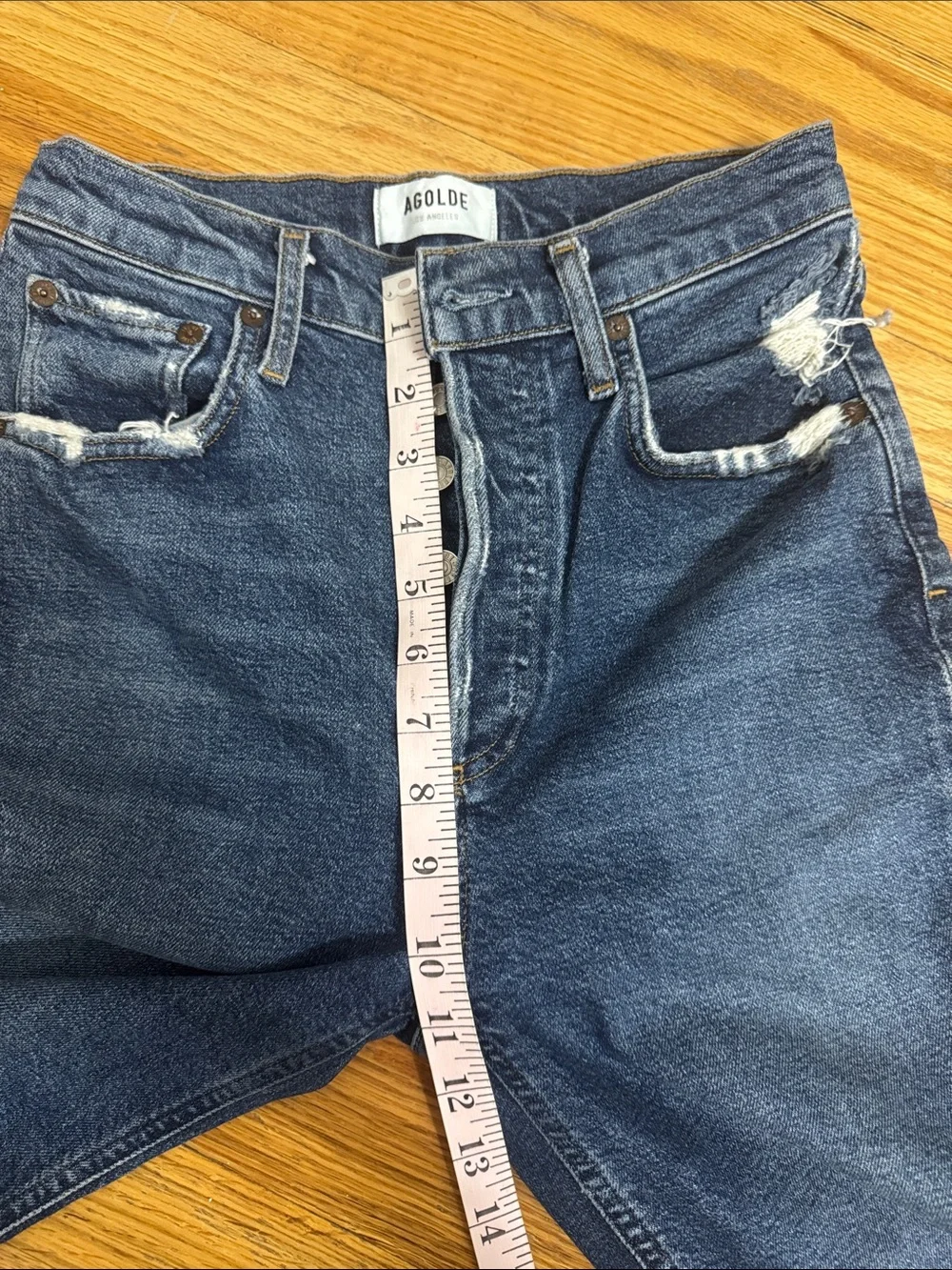 AGOLDE Dark Blue High-Rise Straight Leg Jeans with Distressed Hem - Picture 5 of 7